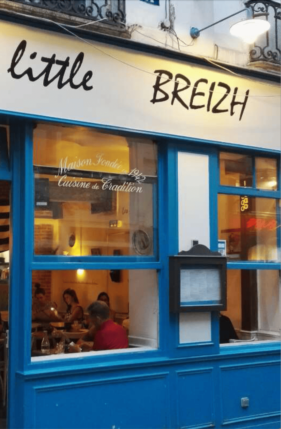 Little Breizh crêperie storefront Paris with blue facade - Sylvanie's favorite Breton restaurant