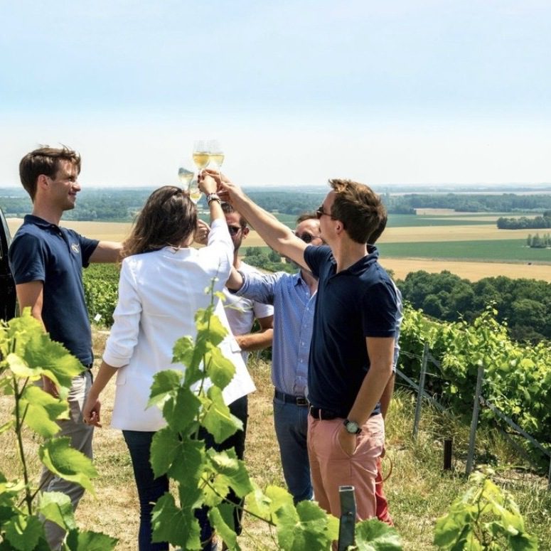 Toast in the vineyards on Champagne train tour Group of friends raises Champagne glasses in a toast on a hilltop overlooking green vineyards and the wide Champagne countryside.