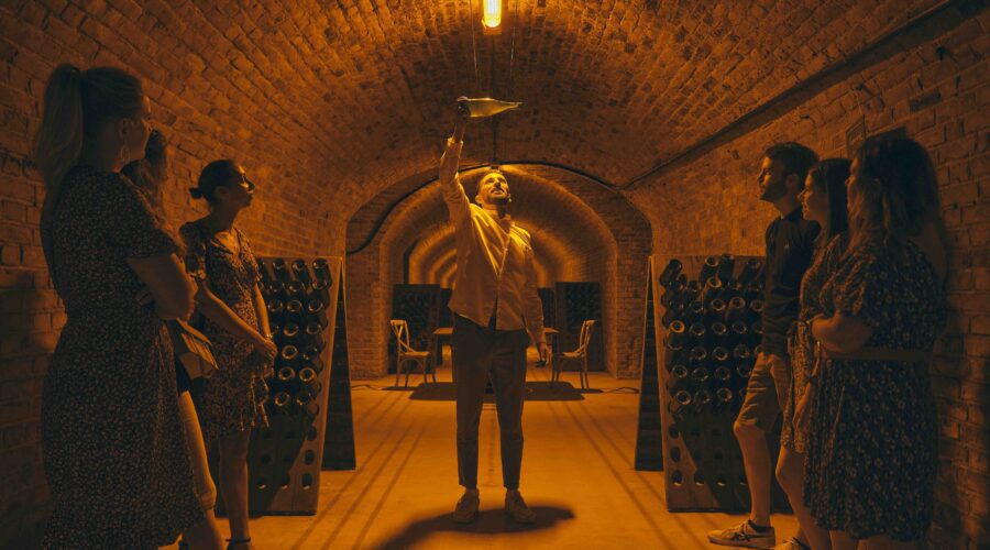 Guide holding a Champagne bottle up to the cellar light while a small group listens inside a brick tunnel during a Champagne day trip