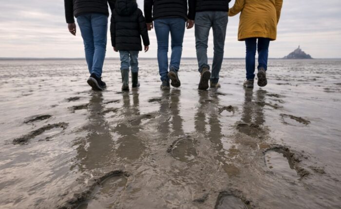 Group walking tidal flats footprints reflections toward Mont Saint-Michel low tide - Paris and Beyond Tours from Bayeux Caen