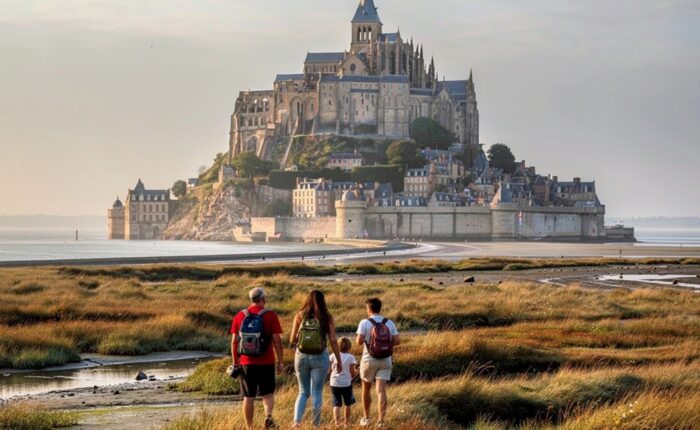 Family walking tidal flats Mont Saint-Michel golden hour sunset low tide - Paris and Beyond Tours private tour from Bayeux Caen